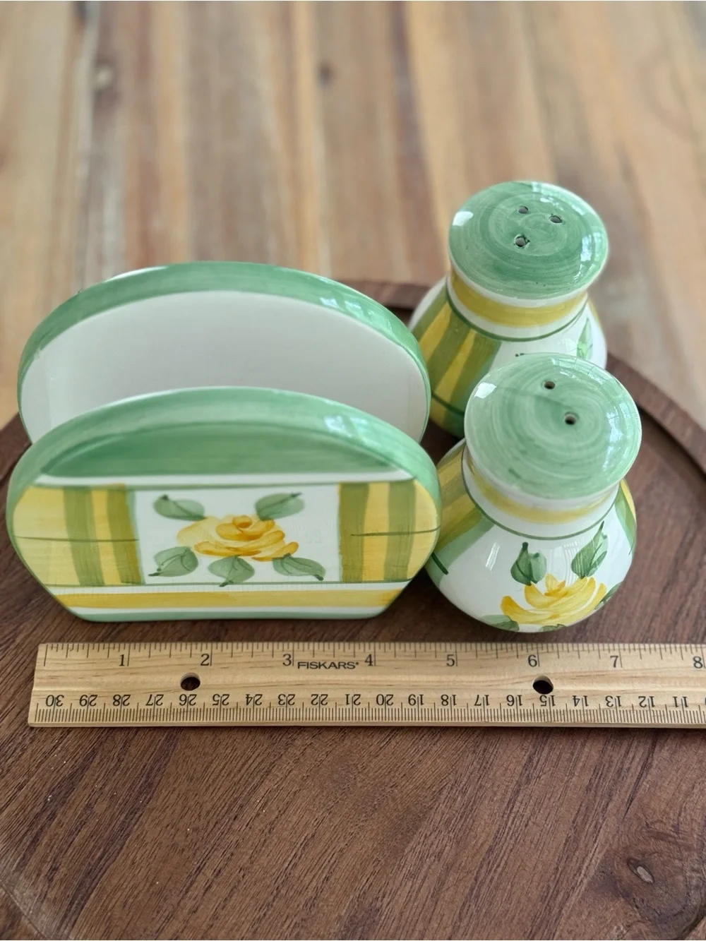 Royal Norfolk Yellow Rose Green Ceramic Napkin Holder, Salt Pepper Shakers